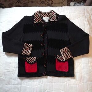 VTG JackBQuick Black Embellished Rose Cardigan Sweater Teacher M Animal Print